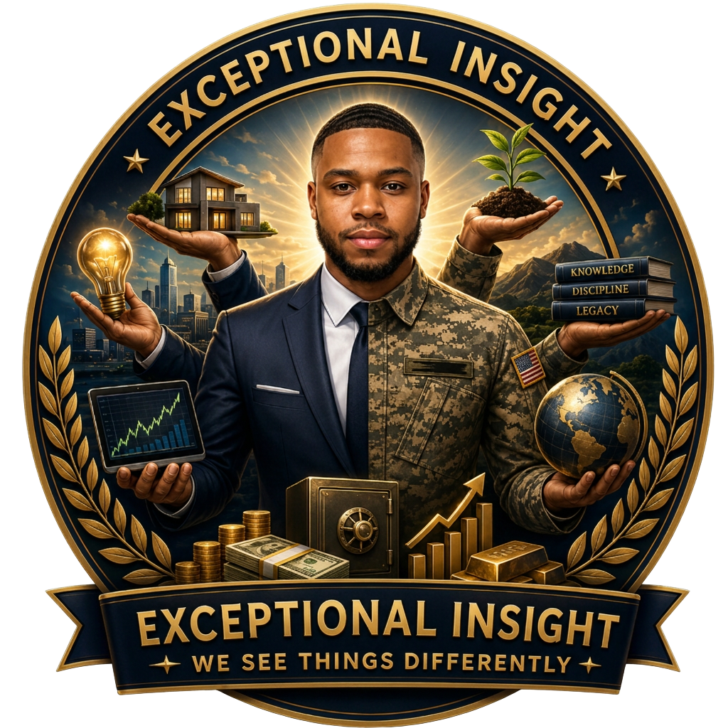 Exceptional Insight emblem featuring a veteran, wealth, education, business, and growth